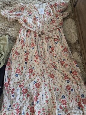 Cream Floral Maxi Dress with Pink & Blue Blooms and Waist Tie